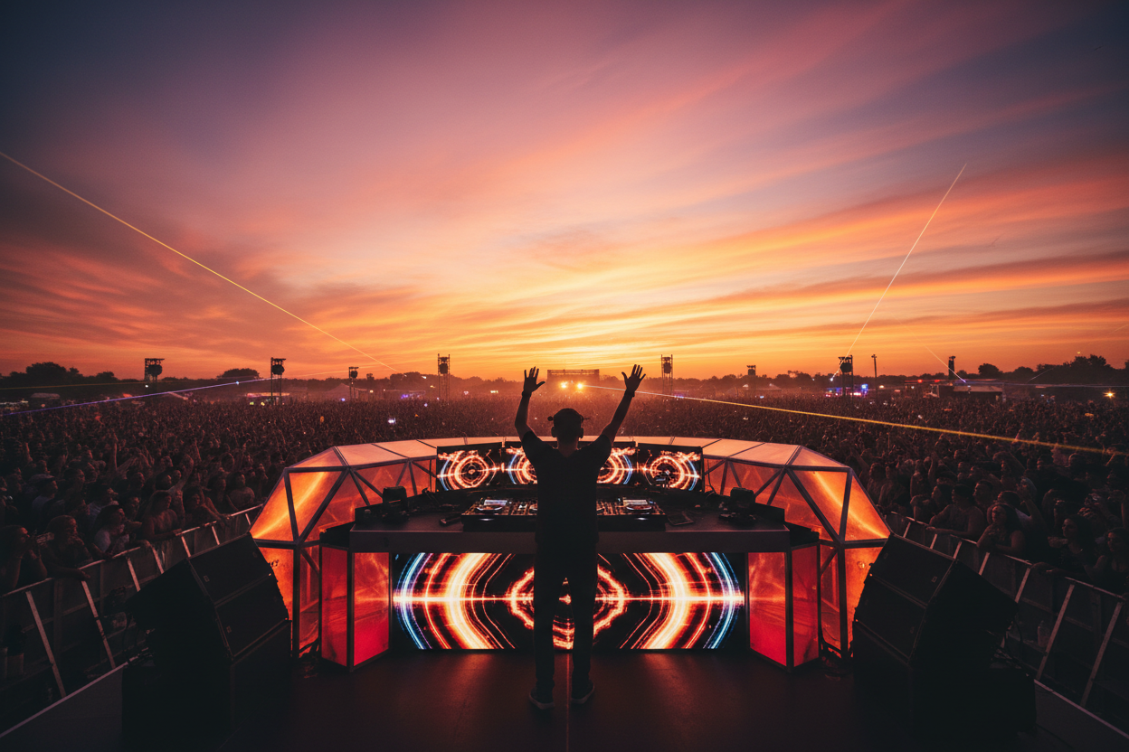 A DJ performing at a modern festival DJ booth during sunset, crowd in front, warm lighting, hands in the air, vibrant yet premium nightlife atmosphere.