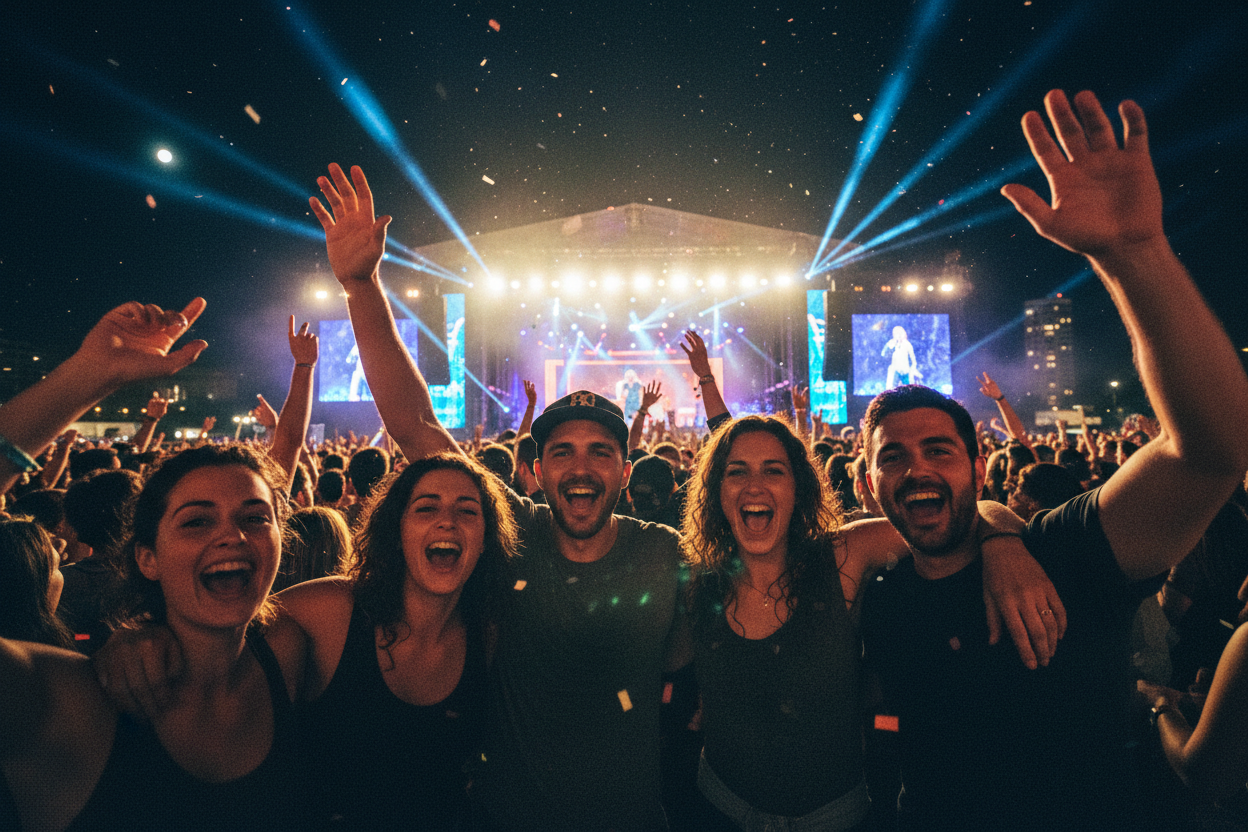 A group of friends enjoying a live concert at night, smiling and celebrating in the crowd with stage lights in the background, cinematic and authentic atmosphere.