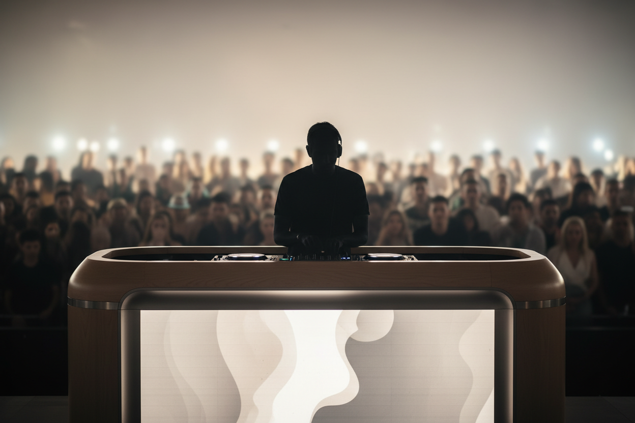 A minimal DJ booth with clean lines and modern design, DJ in silhouette, soft neutral lighting, subtle crowd of people behind the booth slightly out of focus, calm yet rhythmic atmosphere, minimal color palette, contemporary editorial photography style, premium and understated mood.